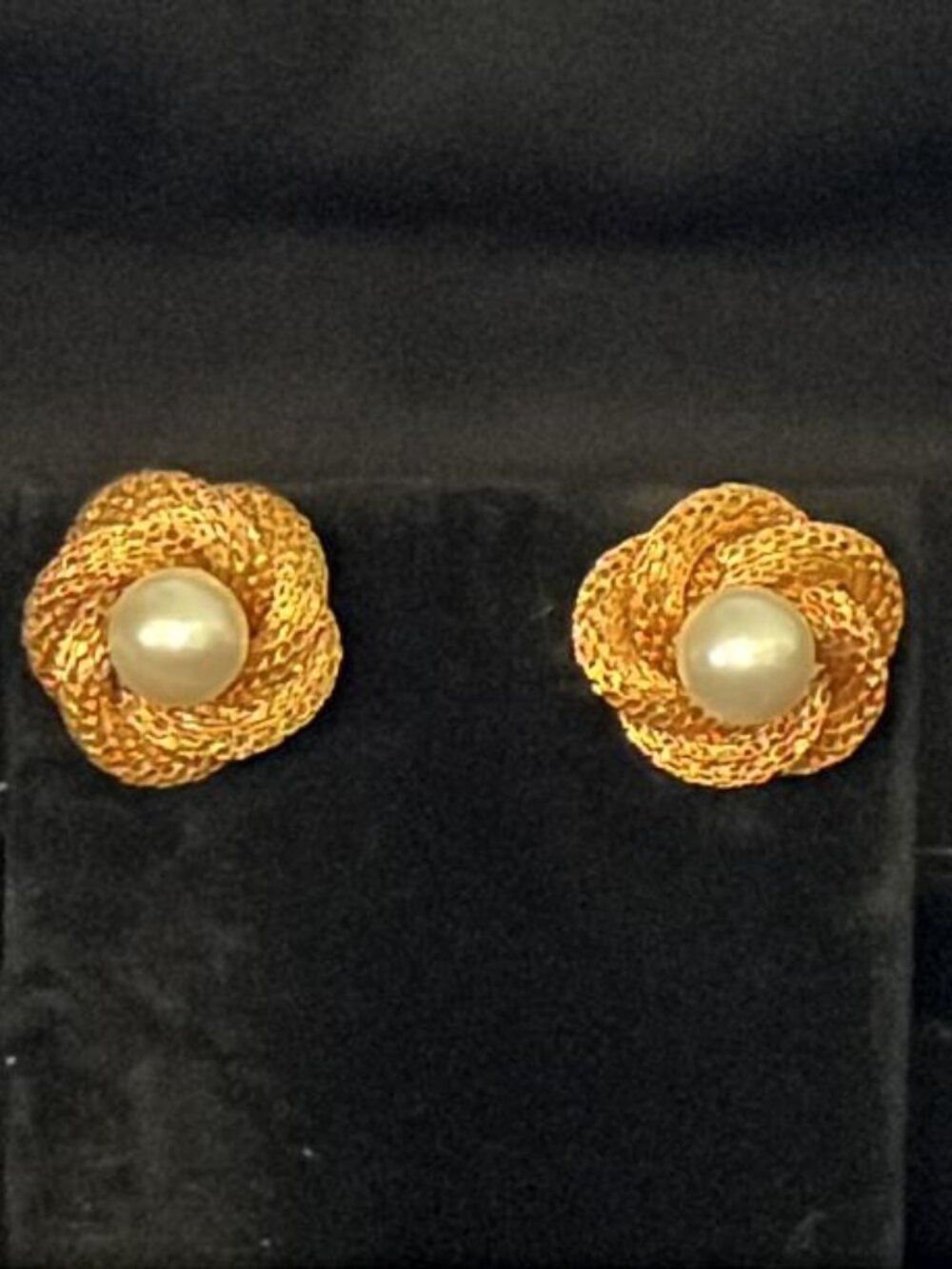 Faux Pearl and Gold Tone Mesh Knot Earrings